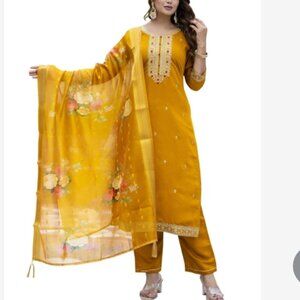 NWT Women's Viscose Roman Silk Blend Embroidered Kurta w/ Pant & Dupatta SZ 2XL